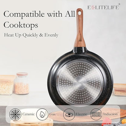 ESLITE LIFE Nonstick Ceramic Frying Pan Skillet with Lid, Non-Toxic Egg Omelette Kitchen Cooking Pans Compatible with All Stovetops (Gas, Electric & Induction), PTFE & PFOA Free (Black, 8" w/Lid)