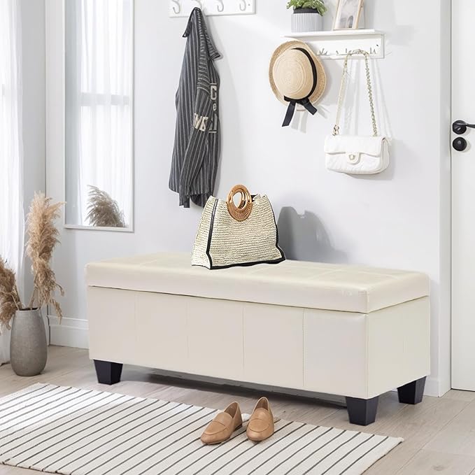 41" Storage Ottoman Bench, Faux Leather Storage Foot Rest with Safety Hinge, Load up to 660 lb Upholstered Tufted Entryway Bench with Seating for Living Room, Bedroom, Beige