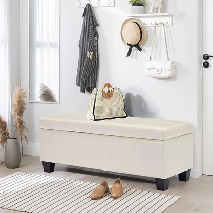 41" Storage Ottoman Bench, Faux Leather Storage Foot Rest with Safety Hinge, Load up to 660 lb Upholstered Tufted Entryway Bench with Seating for Living Room, Bedroom, Beige