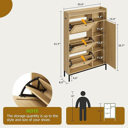 Rattan Wooden Shoe Cabinet, Freestanding 3-Flip Drawer Shoe Storage Organizer, Side Cabinet & Top Fence, Easy Assembly Shoe Rack for Entryway Hallway Living Room, Light Oak
