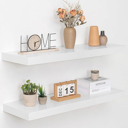 Acovy 36 Inch Floating Shelves, 12" Deep Floating Shelf Wall Mounted, 36" Wall Shelves, Rustic Deep Bookshelf, Extra Deeper & Thicker Display Shelves for Bedroom, Living Room, White, Set of 2