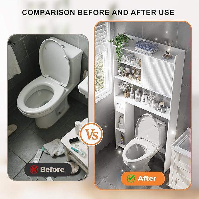 31.5" W Over The Toilet Storage Cabinet with Sliding Door, Bathroom Above Toilet Storage Cabinet with Adjustable Shelves, Toilet Paper Holder, Space Saver Cabinet for Bathroom, White