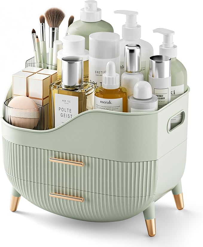 Pajiriona Makeup Organizer with Drawers, Green Skincare Organizer for Vanity, Storage Box with Handle, Large Cosmetic Display Case for Dresser, Bathroom Countertop