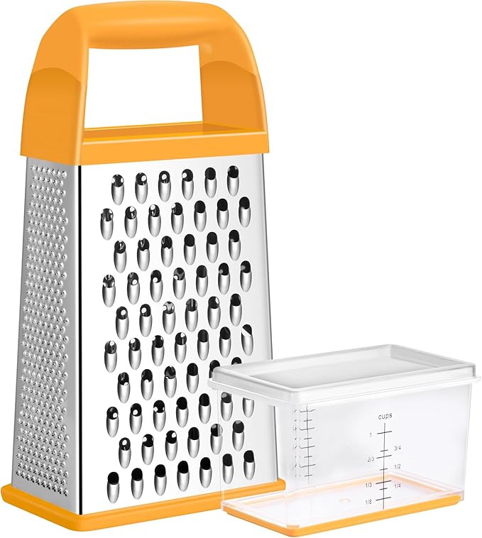 Urbanstrive Cheese Grater With Container, Professional Cheese Grater with Handle, Stainless Steel Graters for Kitchen Handheld, Box Grater with 4 Sides for Vegetables, Ginger, Potatoes (Orange)