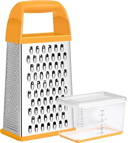Urbanstrive Cheese Grater With Container, Professional Cheese Grater with Handle, Stainless Steel Graters for Kitchen Handheld, Box Grater with 4 Sides for Vegetables, Ginger, Potatoes (Orange)