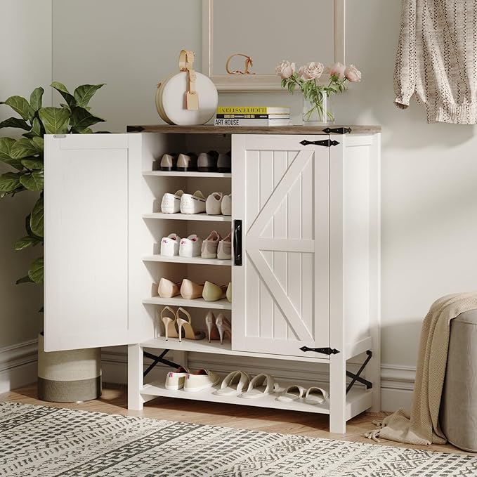 Maupvit 6-Tier Shoe Cabinet with Doors, Farmhouse Shoe Storage Cabinet with Adjustable Shelves, Shoe Shelf, Wooden Shoe Rack Organizer Cabinet for Entryway, Foyer, Hallway, Living Room, White