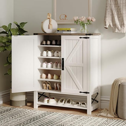 Maupvit 6-Tier Shoe Cabinet with Doors, Farmhouse Shoe Storage Cabinet with Adjustable Shelves, Shoe Shelf, Wooden Shoe Rack Organizer Cabinet for Entryway, Foyer, Hallway, Living Room, White