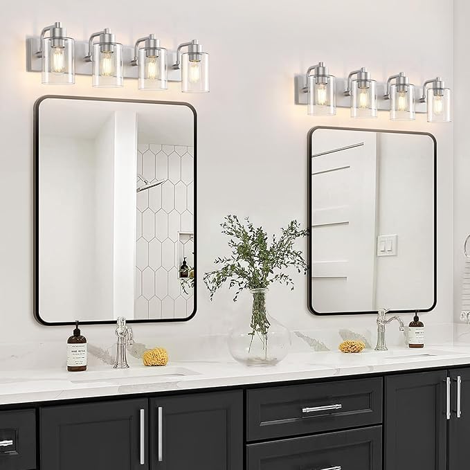 Brushed Nickel Bathroom Light Fixtures, Wall Mounted 4-Light Bathroom Lights Over Mirror with Clear Glass Shade,Wall Sconces for Kitchen Living Room Bedroom
