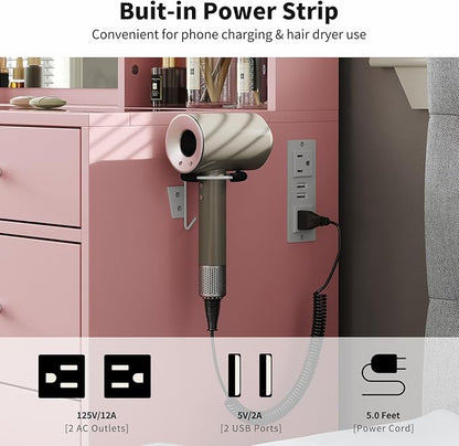 Vanity with Mirror and LED Lights,Vanity Desk with Power Outlet, Makeup Vanity with Drawers and 2 Cabinets, Fold-up Panel, Glass Top Vanity Table with Chair for Bedroom (10 Drawers, Pink)