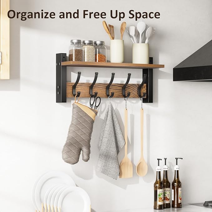Coat Rack Wall Mount with Shelf, 17.1 Inch Coat Hanger, Entryway Wall Key Holder, Hat Rack for Walls, Shelf with 5 Coat Hooks, Purse Hanger for Wall (Brown)
