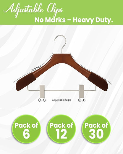 Wooden Hangers with Clips for Women, Solid Wood Skirt & Suit Hangers, Heavy-Duty Adjustable Non-Slip Design with Velvet Grip, High Gloss Brown with Brown Velvet, 12 pcs