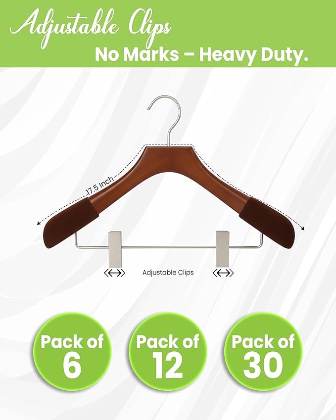 Wooden Hangers with Clips for Women, Solid Wood Skirt & Suit Hangers, Heavy-Duty Adjustable Non-Slip Design with Velvet Grip, High Gloss Brown with Brown Velvet, 30 pcs