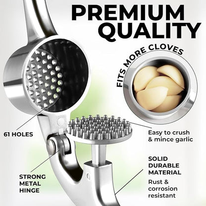 Zulay Kitchen Large Premium Garlic Press Set - Bigger Bowl for Bigger Garlic - Rust Proof Garlic Mincer Tool - Easy-Squeeze, Easy-Clean Silicone Garlic Peeler & Brush (Chrome)