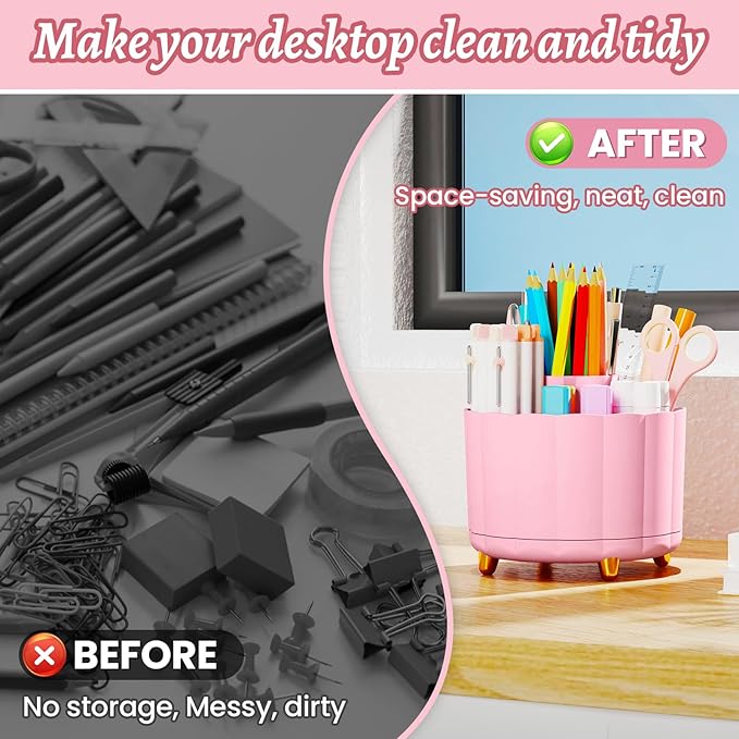 360 Rotating Desk Organizer for Women, 6 Compartment Pen Holder, Cute Pencil Cup & Marker Organizer, Office Desk Accessories, Aesthetic Desk Decor, Workspace Organizers (Pink)