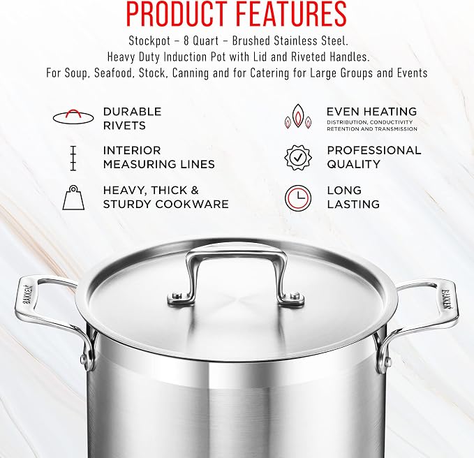 Stainless Steel Stockpot with Lid 8 Quart, Durable 18/8 Stainless Steel, Impact-Bonded Base for Even Heating, Riveted Handles, Oven & All Stove Compatible, Safe Up To 500°F (260°C)