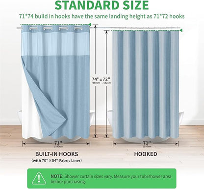 No Hooks Needed Linen Textured Shower Curtain with Snap-in Fabric Liner Set,Hotel Luxury Decor Waterproof Shower Curtains for Bathroom with Mesh Top Window,Washable,71Wx74H,Fog Blue