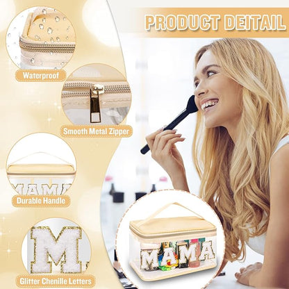 Chenille Letter Clear Makeup Bags Mama Pouch, Preppy Patch Makeup Bag Zipper with Handle, Transparent PVC & Nylon Waterproof Glitter Cosmetic Handbag Travel Toiletry Storage for Women Girl(MAMA-Beige)