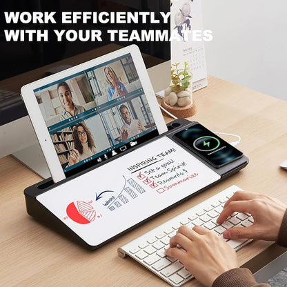 Small Glass Desktop Whiteboard Dry-Erase-Board - Computer Keyboard Stand with Wireless Charger White Board Surface Pad with Drawer, Desk Organizers with Accessories for Office, Home, School Supplies