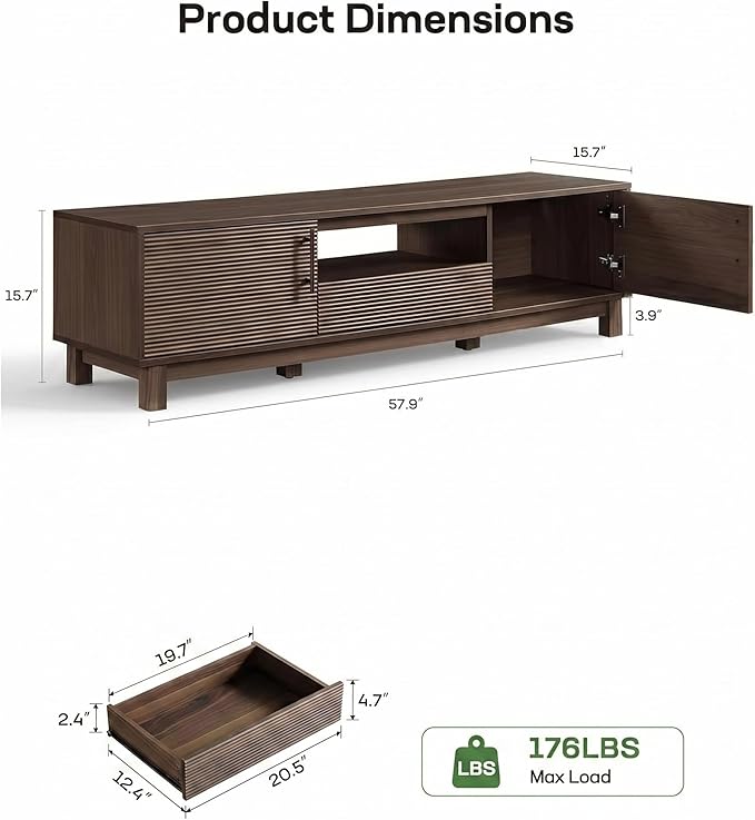 Amada 58" TV Stand for TVs up to 65 Inch, Fluted Entertainment Center with Storage Cabinets and Drawer, Mid Century Modern TV Console for Living Room & Bedroom, Walnut