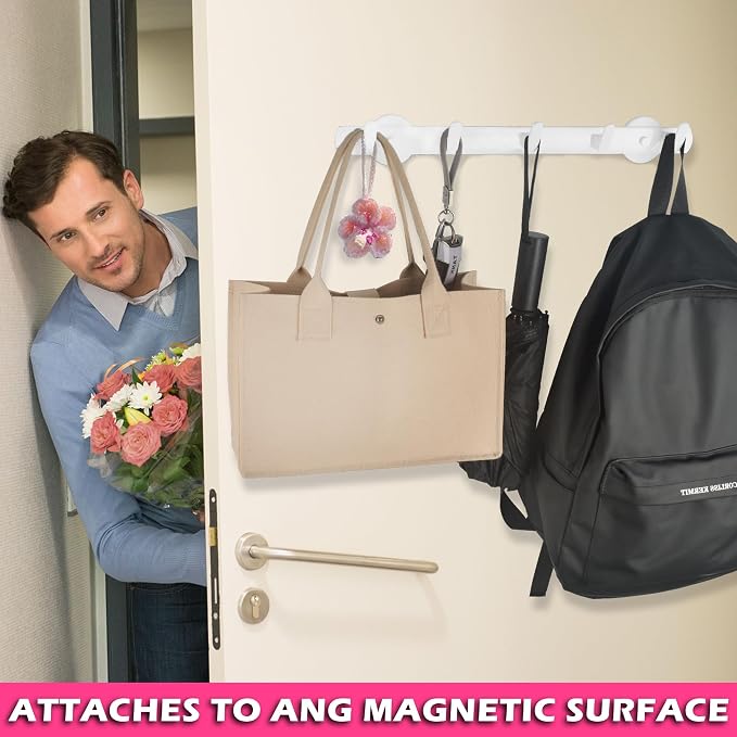 ULIBERMAGNET White Magnetic Coat Rack,Heavy Duty Coat Magnetic Holder with 5 Hooks,Anti-Slip Strong Magnetic Hanger for Refrigerator,Metal Cabinet,Entryway,Hanging Coat, Jackets, Umbrella,Scarf,Bag