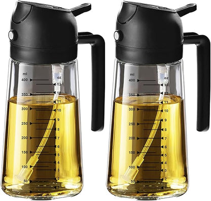 TrendPlain 16oz/470ml Glass Olive Oil Sprayer for Cooking – 2 in 1 Olive Oil Dispenser Bottle for Kitchen Gadgets and Air Fryer Accessories, Salad, BBQ - 2 Black