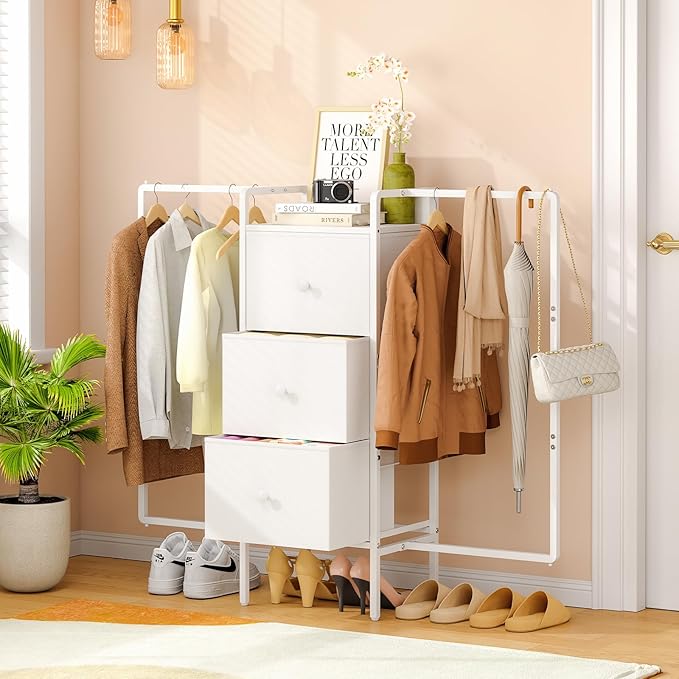 48.03” W Dresser with 2 Hanging Racks, 3 Drawers Dresser Closet for Bedroom, Fabric Kids Chest of Drawers with Clothes Rack, Small Dresser with Wooden Top, White Dresser for Bedroom