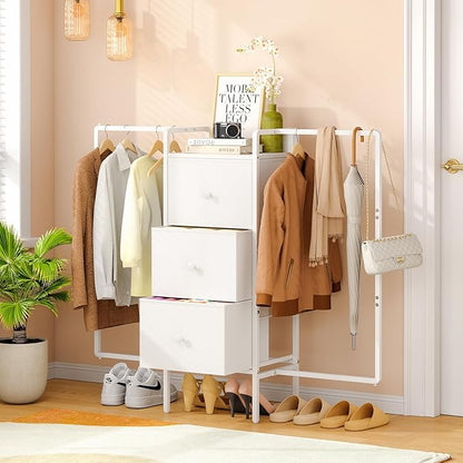 48.03” W Dresser with 2 Hanging Racks, 3 Drawers Dresser Closet for Bedroom, Fabric Kids Chest of Drawers with Clothes Rack, Small Dresser with Wooden Top, White Dresser for Bedroom
