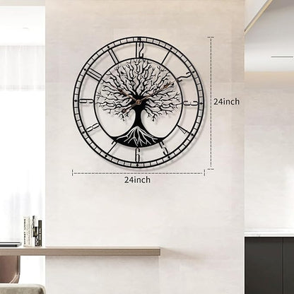 Tree of Life Wall Clock, 24Inch Metal Black Family Tree Oversized Wall Clocks for Living Room Bedroom Home Decor, Modern Silent Mid-Century Battery Operated