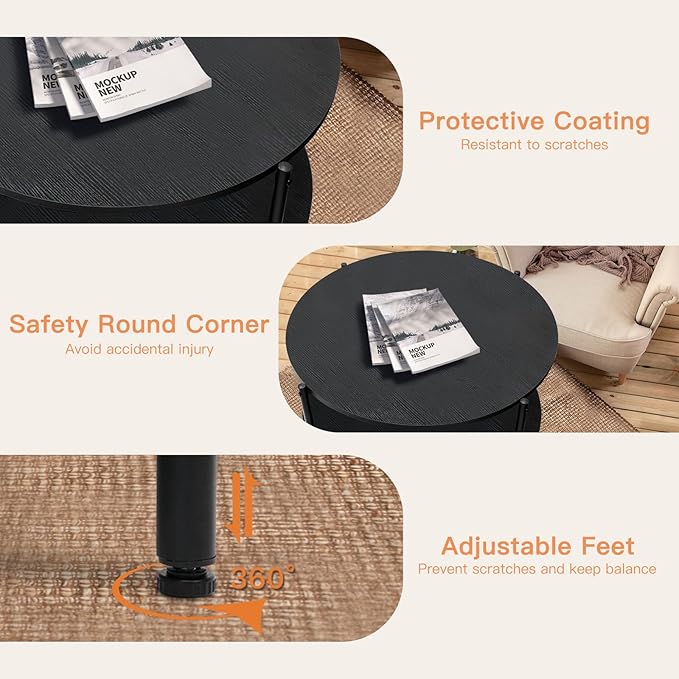 27.5x27.5x17.7in Round Coffee Table with 2 Tiers - Black Modern Coffee Table for Living Room, Small Space Friendly (Sturdy Metal Frame, Easy Assembly)