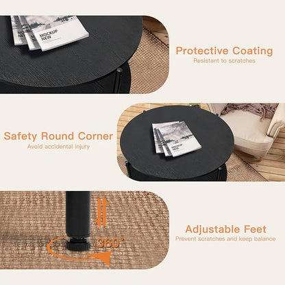 27.5x27.5x17.7in Round Coffee Table with 2 Tiers - Black Modern Coffee Table for Living Room, Small Space Friendly (Sturdy Metal Frame, Easy Assembly)