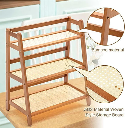 Yalikop 3 Tier Matcha Station Shelf Bamboo Coffee Mug Stand Countertop Storage Rack,Three Layer Rattan Office Cup, Kitchen, Tea, Plant, Bar Accessories Condiment Display(Brown)
