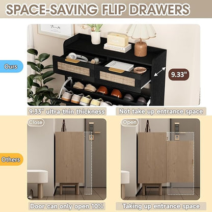Rattan Shoe Storage Cabinet with 2 Flip Drawers & 2 Drawers, Freestanding Organizer for Front Door Entrance, Hidden Narrow Shoe Rack Cabinet Storage for Entryway, Black