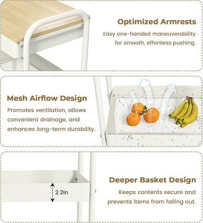 danpinera 3 Tier Rolling Cart with Wooden Table Top, White Rolling Utility Cart with Drawer & Locked Wheels, Easy Assembly for Nursery, Living Room, Studio