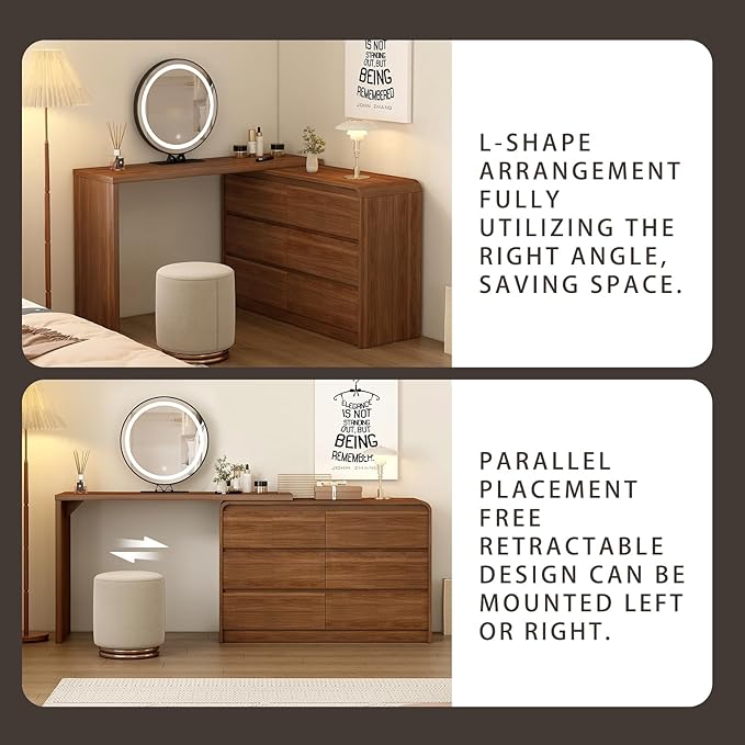 Makeup Vanity Desk with Mirror and Lights, 50-90inch Extendable Mid Century Walnut Makeup Dresser Combo with 47 Inch 6 Drawer Dresser and L Shaped Vanity Desk, Without Stool, Brown