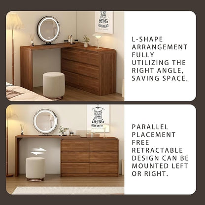 Makeup Vanity Desk with Mirror and Lights, 50-90inch Extendable Mid Century Walnut Makeup Dresser Combo with 47 Inch 6 Drawer Dresser and L Shaped Vanity Desk, Without Stool, Brown