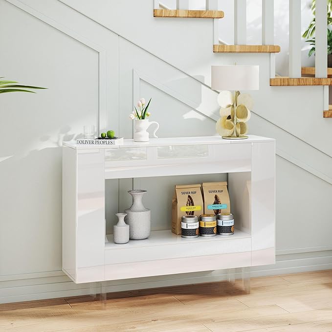 High Gloss Console Table with Hidden Side Storage Cabinets, Adjustable Shelves, Modern Entryway Sofa Table for Behind The Couch, Living Room, Hallway, White