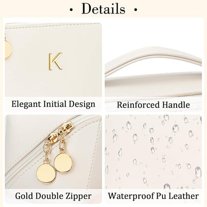 Valentines Day Gifts for Women Teen Girl, Personalized Initial Makeup Organizer Bag Set, Open Flat Travel Cosmetic Bag With Clear Divider and Handle(Large-Beige,K)
