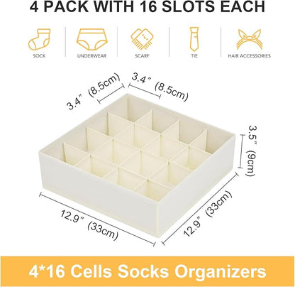 Joyoldelf Sock Drawer Organizer Divider Underwear Organizer 16-cell Fabric Dresser Drawer Organizers Storage Boxes for Socks Lingerie, Handkerchiefs, Ties 4 Pack (Beige)