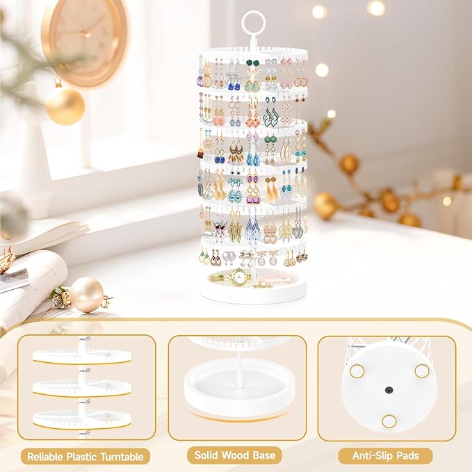 MODOWEY 6 Tier Rotating Earring Holder Organizer Display Tree with Wooden Tray, Adjustable Plastic Stand with 342 Slots for Stud Hoop Hanger, Large Capacity Storage Rack for Women Space Saving, White