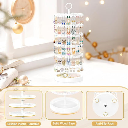 MODOWEY 6 Tier Rotating Earring Holder Organizer Display Tree with Wooden Tray, Adjustable Plastic Stand with 342 Slots for Stud Hoop Hanger, Large Capacity Storage Rack for Women Space Saving, White