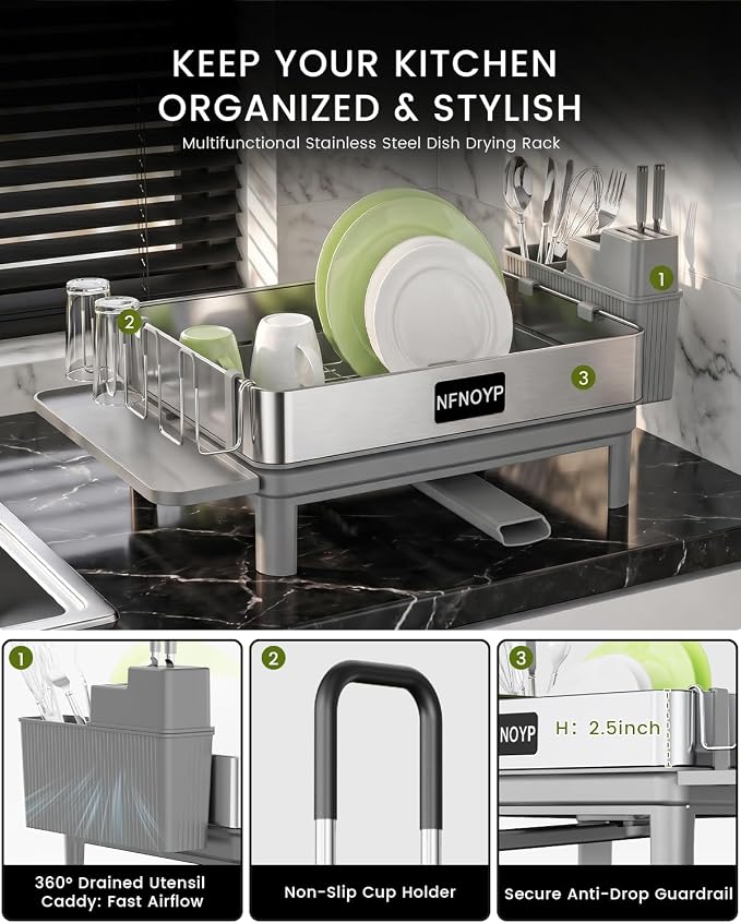 Dish Drying Rack, 304 Stainless Steel Dish Rack and Drainboard Set, Rustproof Dish Drainer with Anti-Pooling Automatic Drainage, Large Capacity Kitchen Counter Organizer, Grey