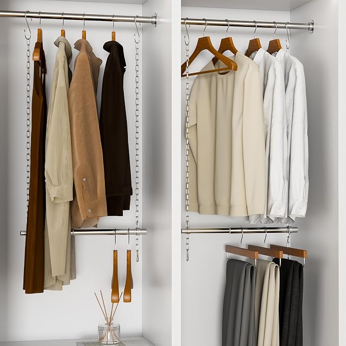 Closet Hanging Rod, Adjustable Width and Height Closet Extender Hanging Rod, Space-Saving Clothes Hanging Bar, 18-28 Inches, 2 Pack