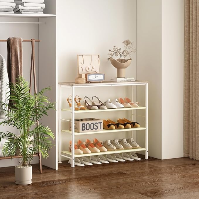 Shoe Rack Organizer 5 Tier Metal Organizer Shelf with Industrial MDF Board and Layer Fabric for Entryway Closet Bedroom Living Room Garage (White, 4 Tier)