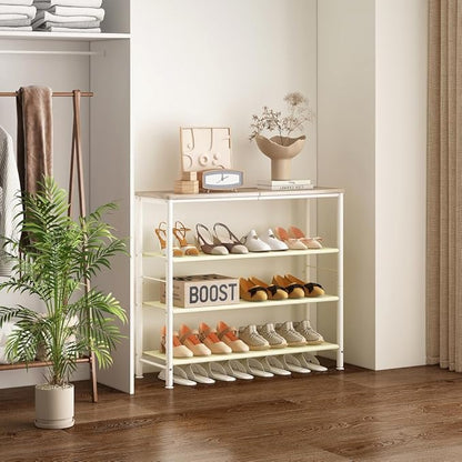 Shoe Rack Organizer 5 Tier Metal Organizer Shelf with Industrial MDF Board and Layer Fabric for Entryway Closet Bedroom Living Room Garage (White, 4 Tier)