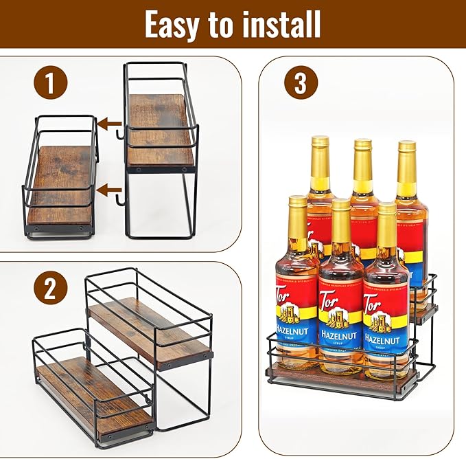 6 Bottle Capacity Coffee Syrup Rack Organizer, 2 Tier Coffee Syrup Stand Shelf, Storage Shelves for Coffee Bar, Small Wine Rack for Bar Family Storage for Syrup Wine Dressing
