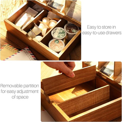HTB Large Tea Organizer 2 Tier with Drawer, Tea Bag Organizer with Acrylic Transparent Hinged Lid, 9 Compartments Wooden Tea Bag Holder for Home, Office, Tea Parties