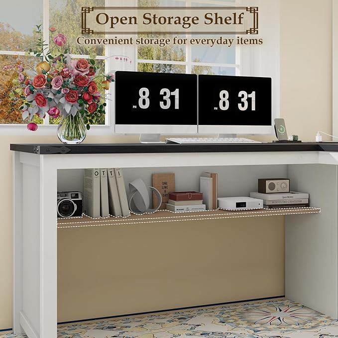 Vabches Wood L Shaped Executive Desk, Farmhouse Home Office Desk with Drawers and Under-Desk Storage Shelf Corner Computer Desk with Power Outlets for Home Office, Study, Bedroom, White and Black