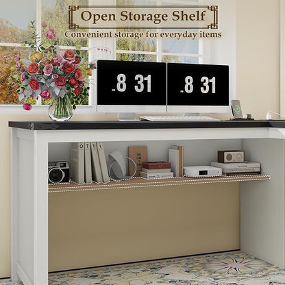 Vabches Wood L Shaped Executive Desk, Farmhouse Home Office Desk with Drawers and Under-Desk Storage Shelf Corner Computer Desk with Power Outlets for Home Office, Study, Bedroom, White and Black