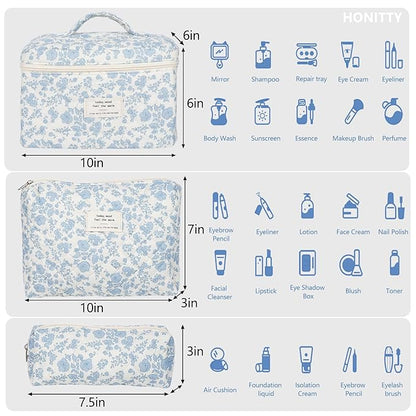 Makeup Bag,Quilted Cosmetic Bag,Large Floral Make Up Bag for Women,Cotton Makeup Bag Set,Flower Travel Toiletry Bag