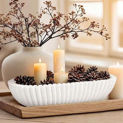 Large Decorative Bowl for Home Decor Long Dough Key Bowls Coffee Table Decor Centerpiece White Ruffle Scalloped Resin Modern Handicraft Bowl for Kitchen Counter Farmhouse Entryway